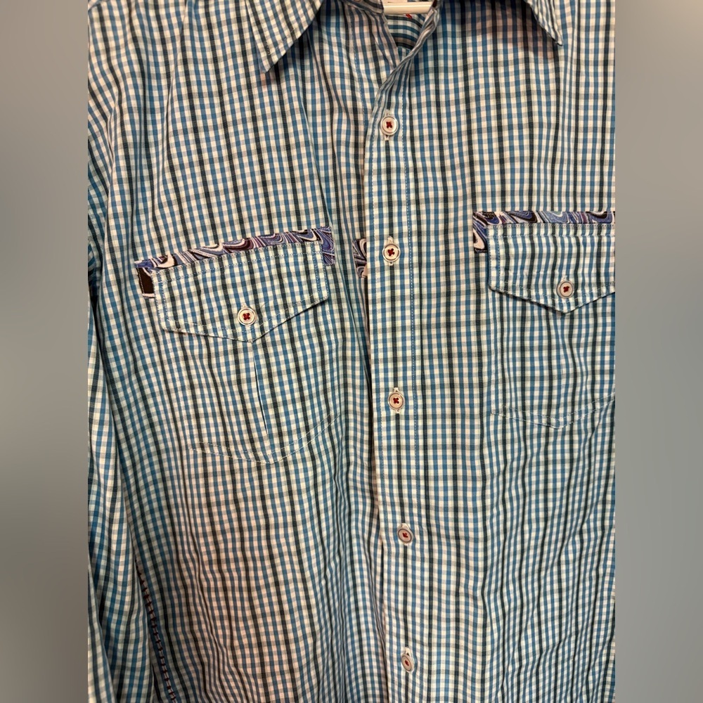 Robert Graham blue & green checked shirt with paisley print size XL - Picture 3 of 7
